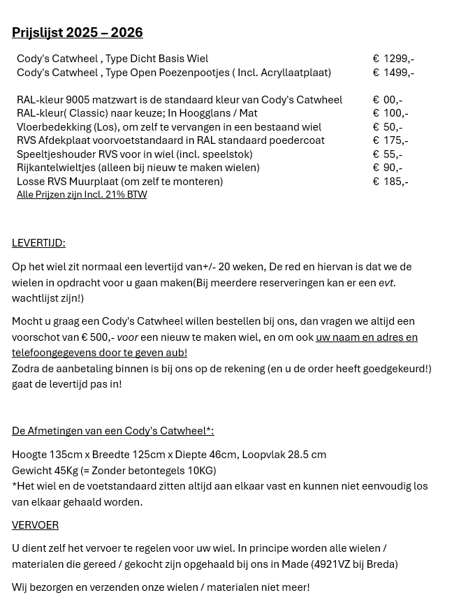 prijslijst 2026 catpalace